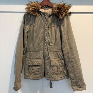 Y2K Hollister Parka Jacket Womens Large Green Sherpa Lined Faux Fur Hood Utility